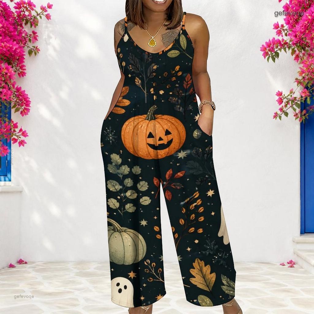 Women Spaghetti Strap Jumpsuit Retro Pop Art Star Heart Cosmic Print Wide Leg Pants With Pockets