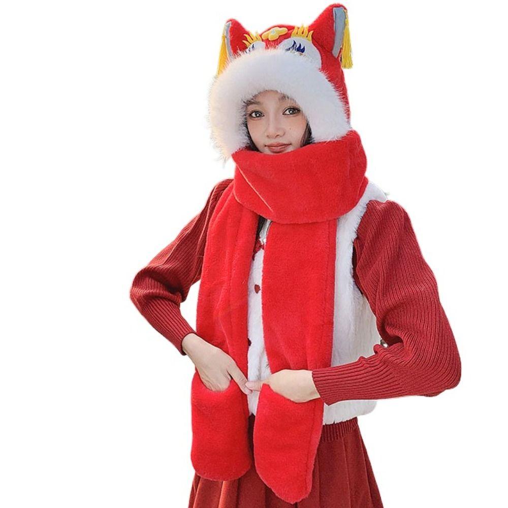 Ear Muffs New Year Pullover Cap Lace Up Winter Plush Warm Hat Lion Dance Beanies Hat Outdoor