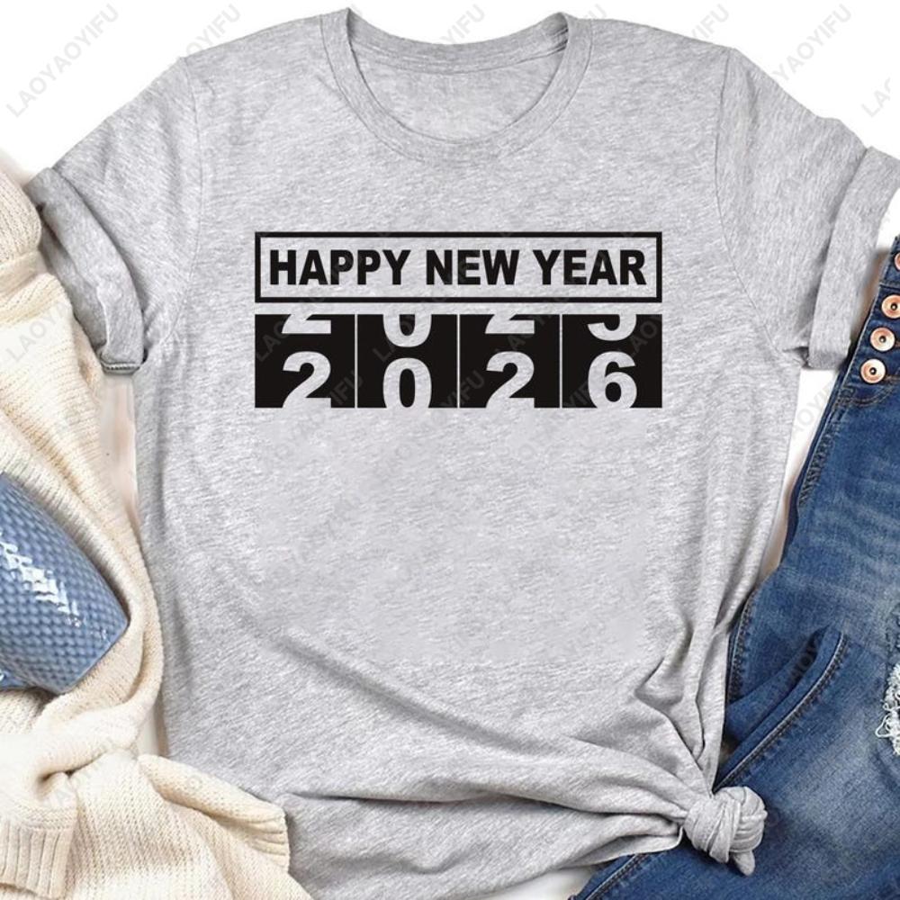 Happy New Year 2026 Shirts for Women Graphic T Shirts Crewneck Short-sleev Men Cotton Simple Tops Classic Printed T-shirt