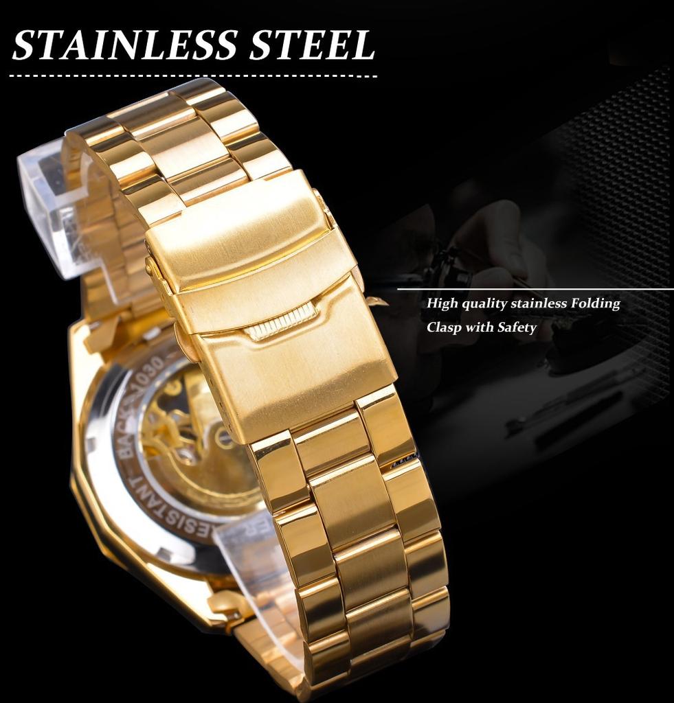 Luxuriöse mechanische Armbanduhren, goldenes Skelett-Zifferblatt, Edelstahlstreifen, automatische Uhren für Männer, transparente Uhr