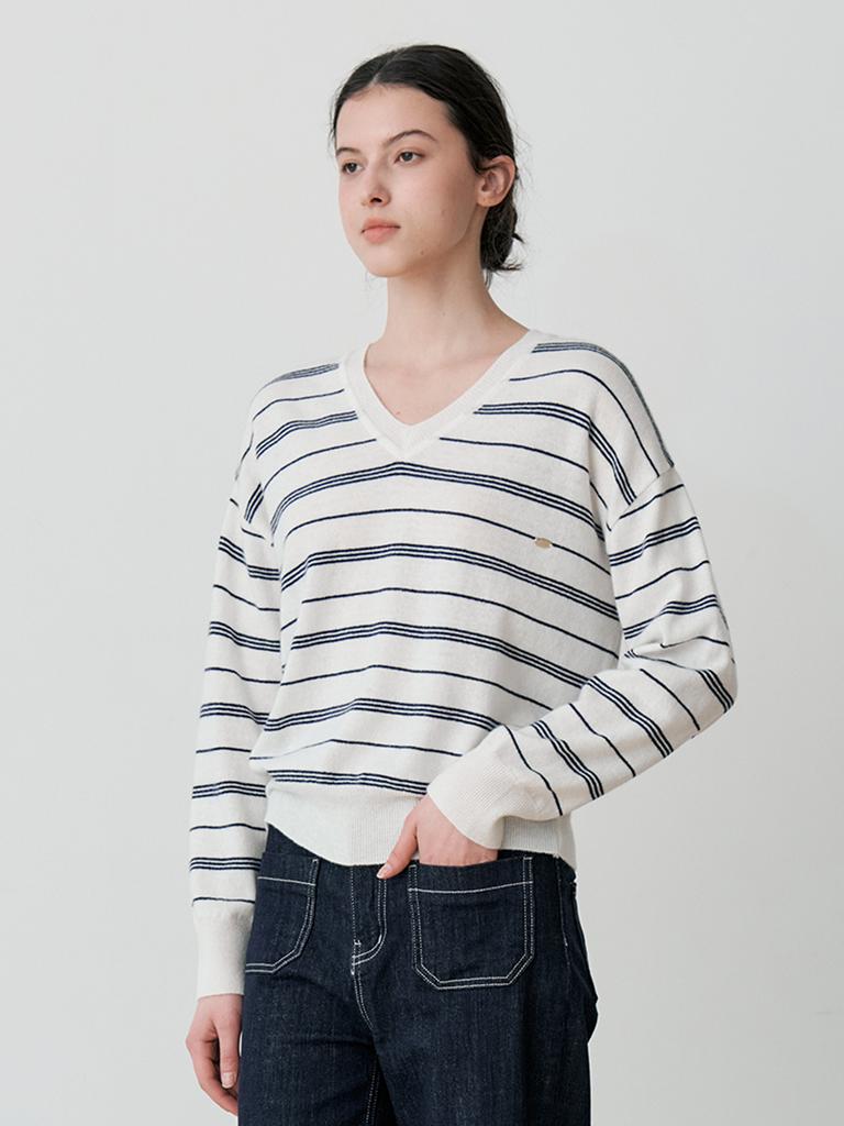 LE STUDIO Striped V-Neck Knit (Iv)
