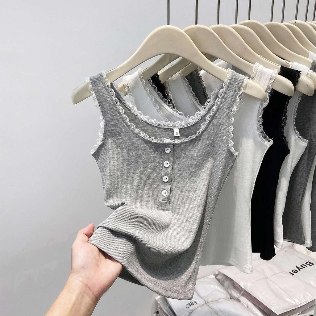 Koronkowe wykończenie, gładki prążkowany top na ramiączkach dla kobiet, wiosenny, zapinany na guziki, dekolt U, bez rękawów, dopasowany, prosty bawełniany podstawowy podkoszulek, słodkie topy Y2k