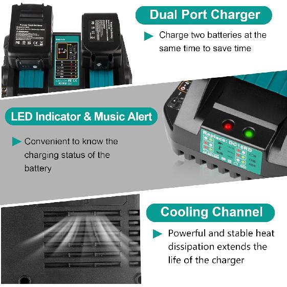 DC18RD 14.4V-18V Replace Charger for Makita 18V Charger, Dual Ports Rapid Charger Compatible with Makita 14.4V-18V Charger DC18RC DC18SF DC18RT &