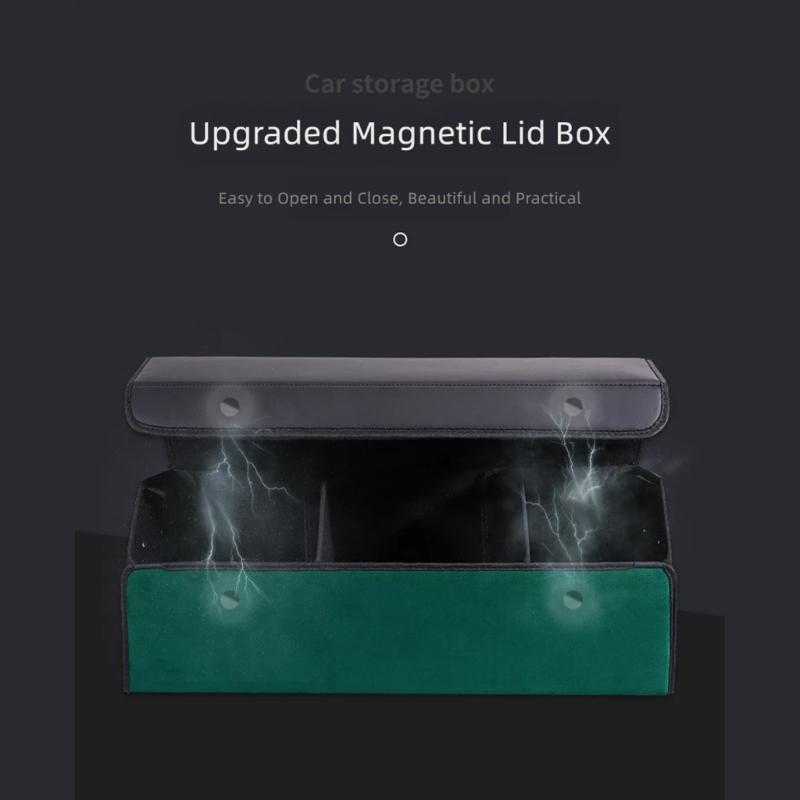 Vehicle Trunk Cargo Bin Leather-Look Foldable Storage Box with Divider, Lid, and Side Handles for Groceries and Tools