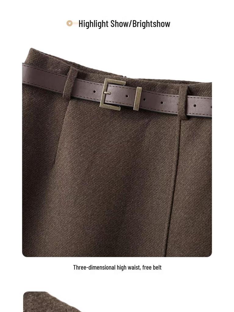 Coffee-colored Retro Wool A-line Midi Skirt, Women's Autumn/Winter 2025, Suit-style with Slit and Hip-hugging Fit