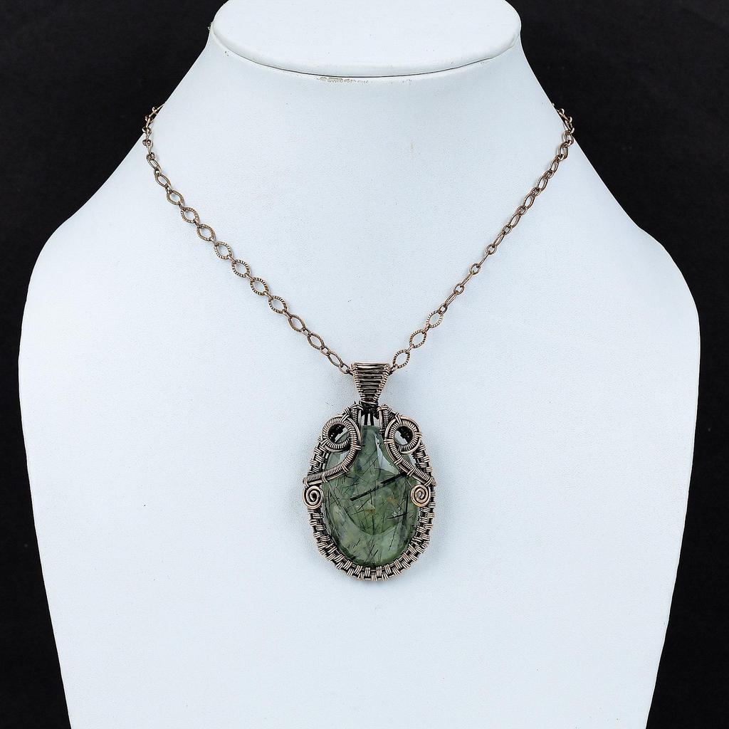 Pingente de musgo prehnita fio de cobre enrolado pingente musgo prehnita pedra preciosa jóia pingente elegante presente para mulheres jóia de fio de cobre feito à mão