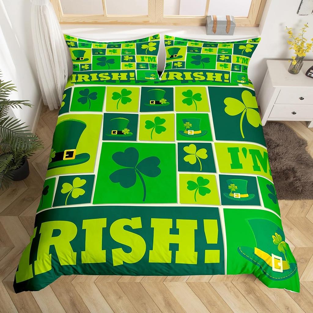 Kids Happy St. Patrick'S Day Duvet Cover Twin Queen Green Clover Comforter Cover With 2 Pillowcases, Colorful Plank Bedding Set