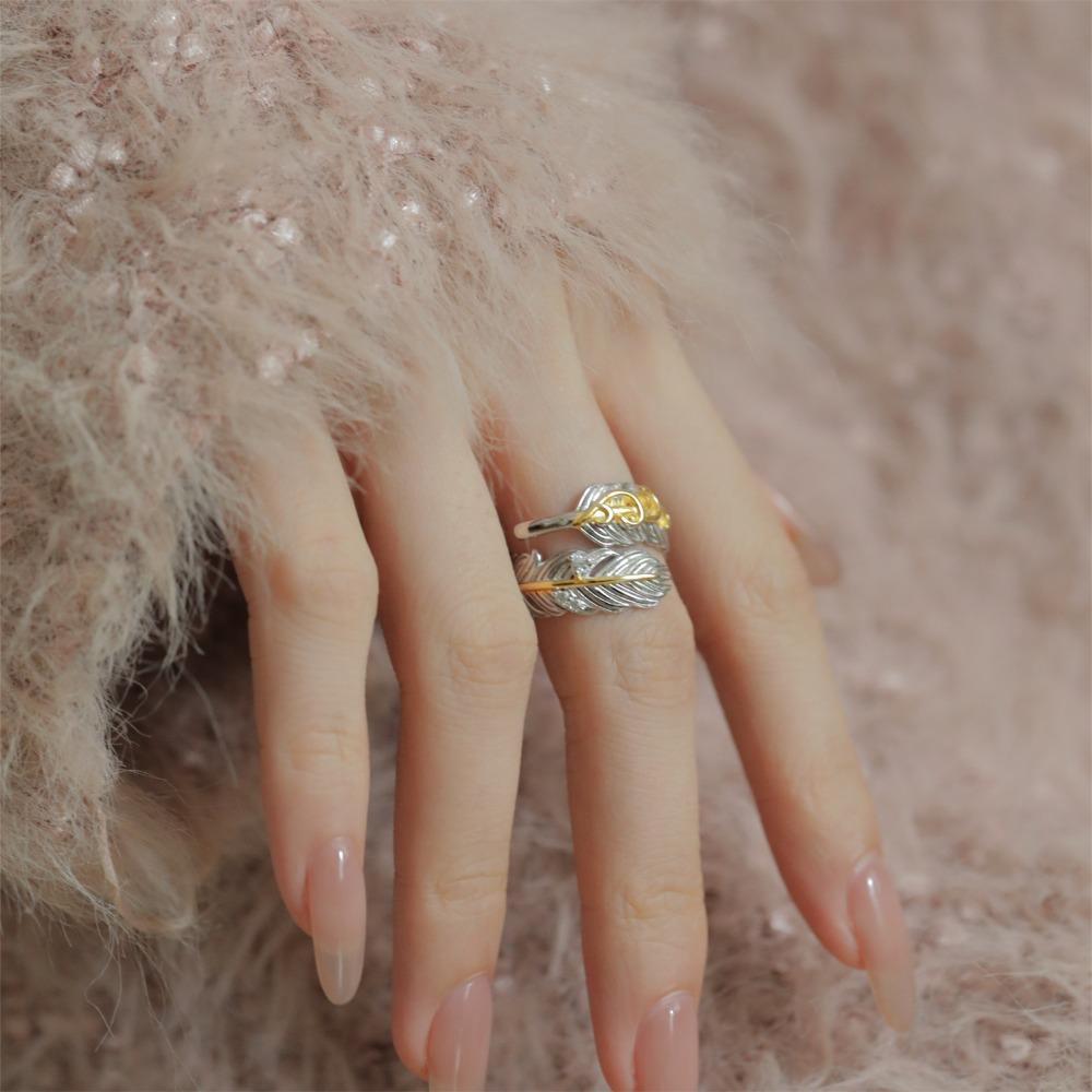 Open Ring for Women Gold Silver Plated Feather Design Two Tone Adjustable Statement Ring Fashion Jewelry