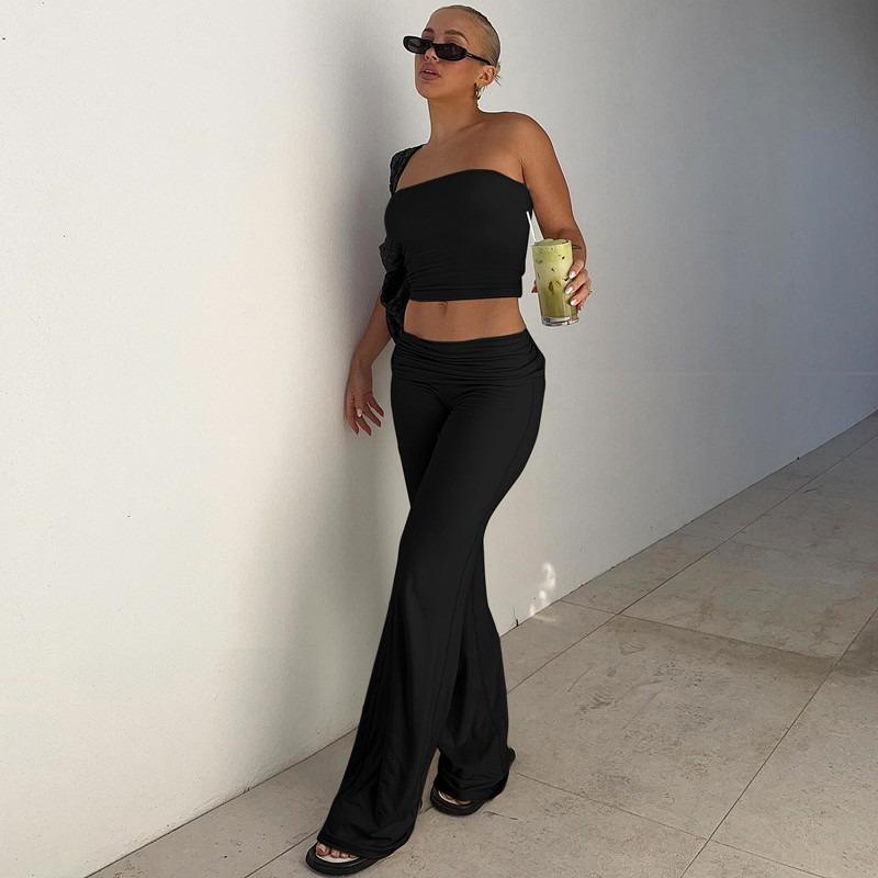Women Casual Solid Strapless Sleeveless Top Flared Pants Two Piece Set