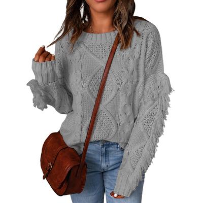 Loose Diamond Grid Tassel Top for Women Amazon Solid Color Pullover Round Neck Knitted Sweater for Women