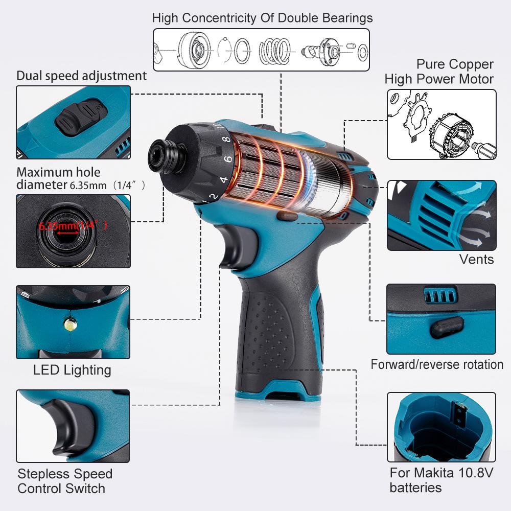 12V Cordless Electric Screwdriver Dual Speed 28N.m Wireless Drill Driver 1/4" Chuck Hit Power Tool Household Repairing Tool