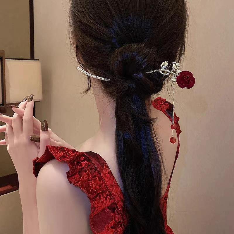 Vintage Rose Haar Sticks Hairwear Für Frauen Einfache Blume Rote Haarnadel Haar Zubehör Essstäbchen Scheibe Hairstick Kopfschmuck Schmuck