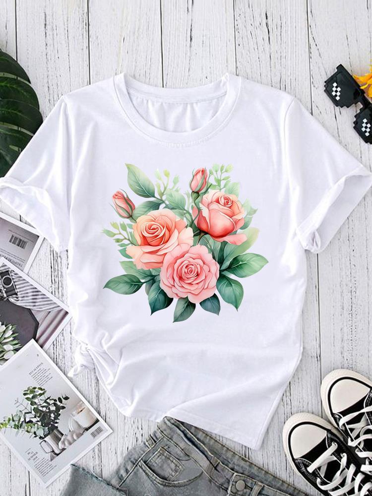 (Asian Size) Women's Top T Clothing feather trend cute Print Short Sleeve T-shirts Fashion Female Casual O-neck Graphic Tee
