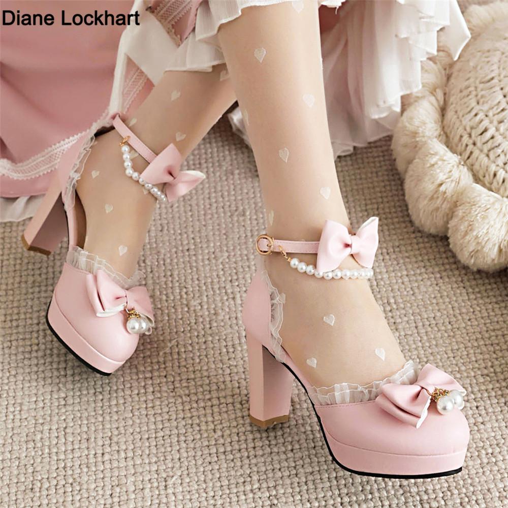 Fashion Spring Pearl Ankle Strap Women High Heels Mary Jane Pumps Party Wedding Cosplay White Pink Bow Princess High-heeled Lolita Shoes