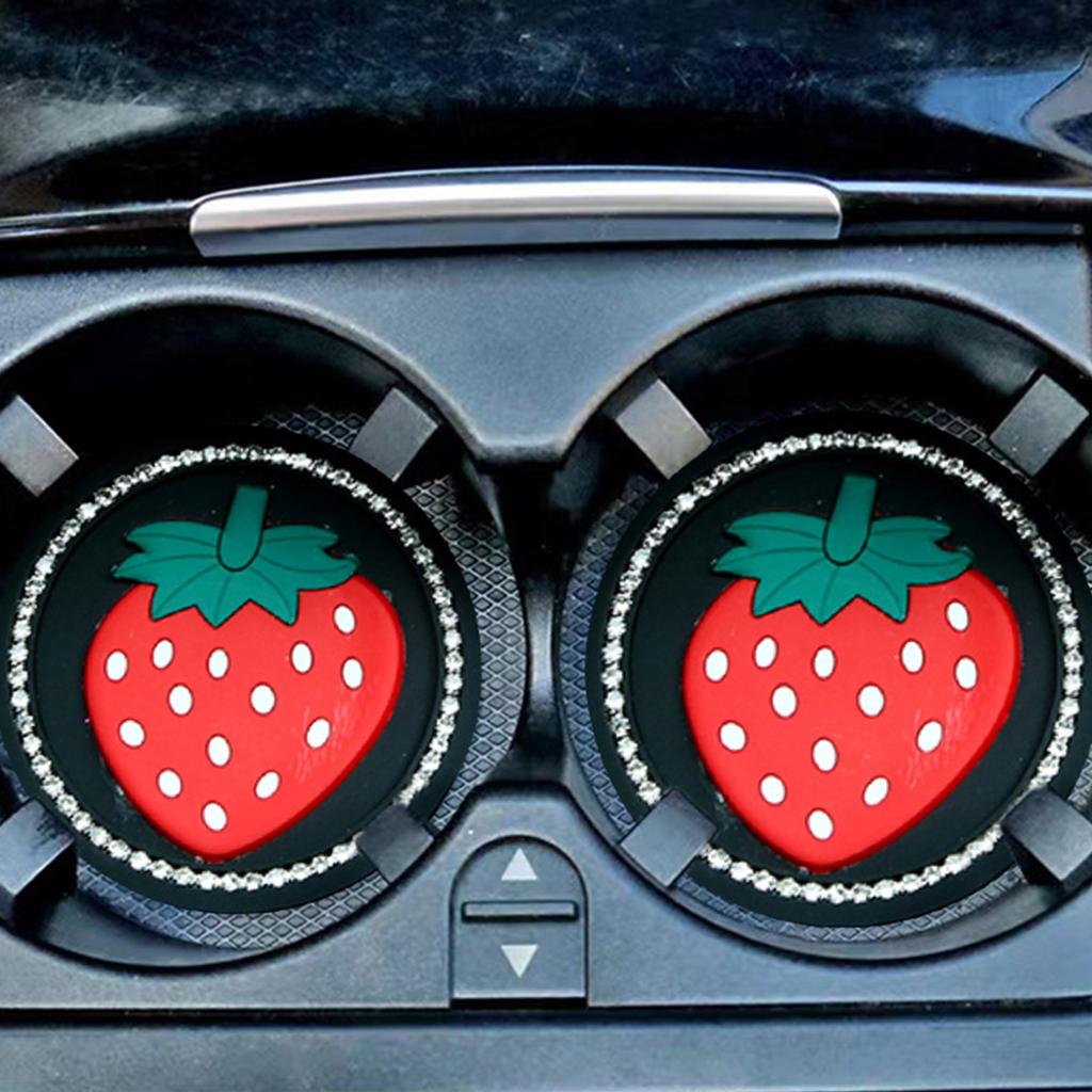 Diamond-Studded Car Cup Holder Mat Round Silicone Anti-Slip Pad with Strawberry Cartoon Design for Vehicle for Women Men