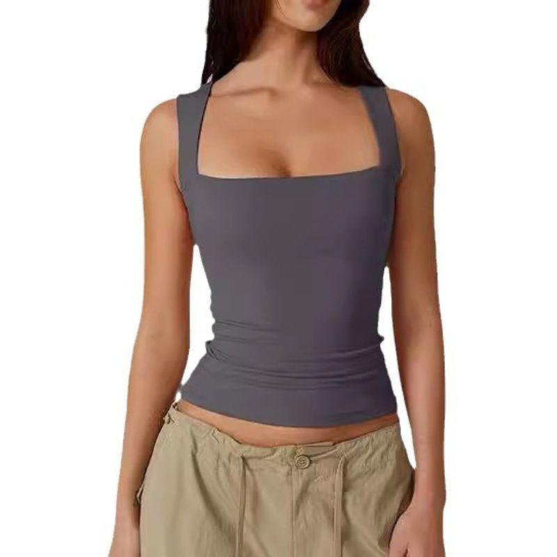 Solid Color Square Neck Sleeveless Top Solid Color Square Collar Slim Fit Sleeveless Top Female
