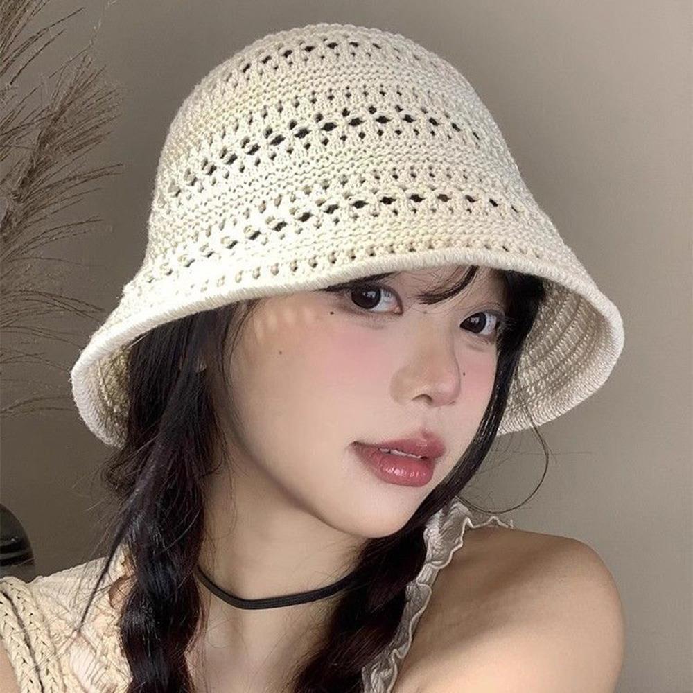 Summer New Hollow Knitted Bucket Hat Sun Protection and Sunshade Hat for Women's Leisure Versatile Small Fresh Fashion Pot Hat