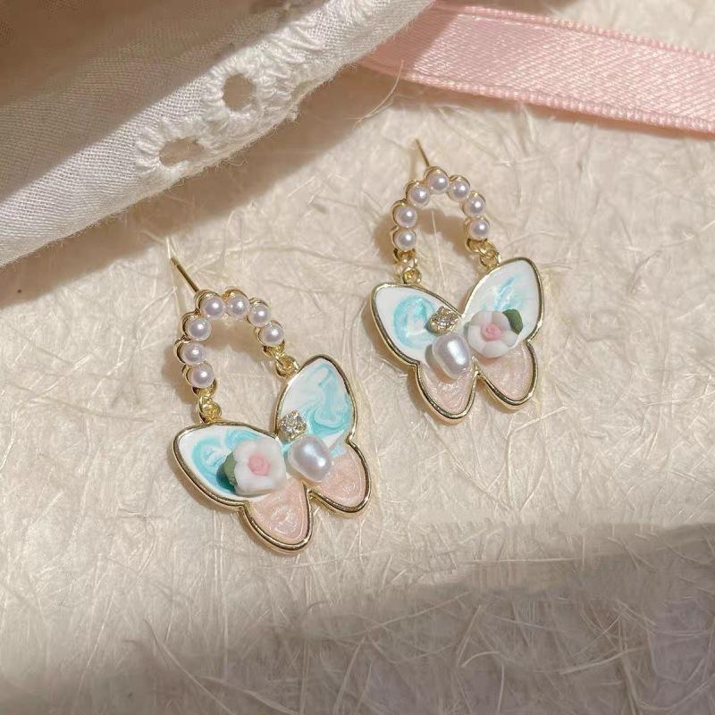 Sweet wind oil painting three-dimensional butterfly flower earrings, exquisite design personalized versatile earrings women