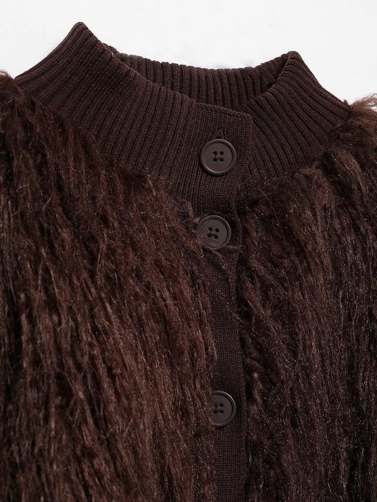 2024 Winter Women's Fashion European & American Style Faux Fur Knit Cardigan