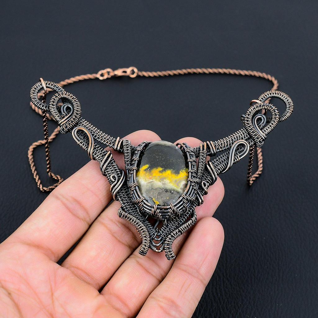 Bumblebee Jasper Gemstone Pure Copper Wire Wrapped Handmade Necklace Jewelry For Gift