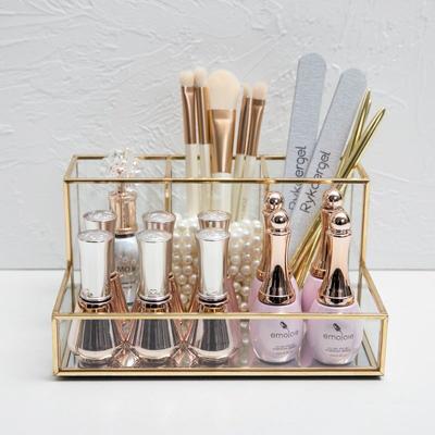 Organisateur de maquillage en verre avec bord doré, boîte à crayons, outils de parfum, rouge à lèvres, salle de bain