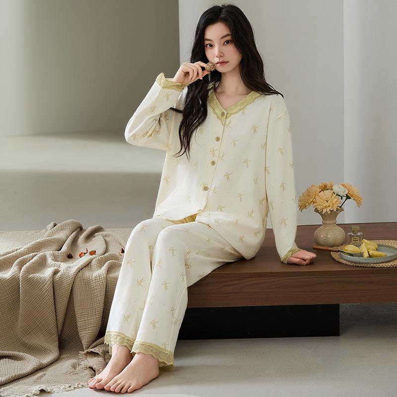 Klasse A Antibakterielles Baumwoll-Pyjama-Set für Damen - Langarm, Lange Hose, Revers-Cardigan Zweiteilig Hauskleidung