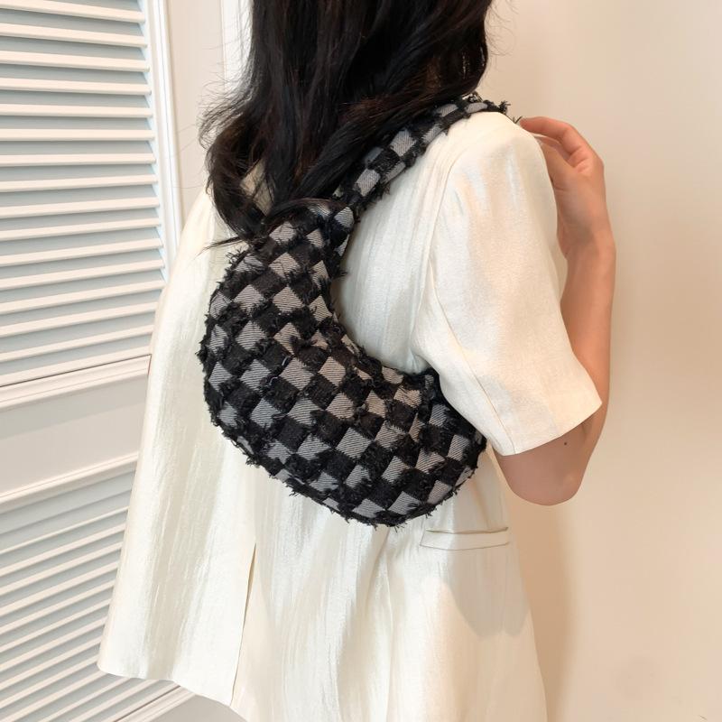 Summer Fabric Personality 2025 New Casual Fashion Large Capacity Canvas Plaid Simple Shoulder Crossbody Armpit Bag