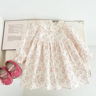 Girls Floral Long Sleeve Dress Spring Autumn Sweet Doll Collar Hollow Lace Trim Toddler Kids Cottagecore Party Gown