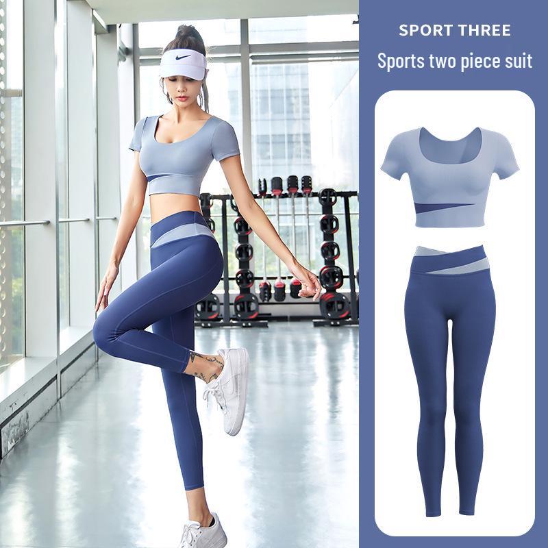 Women's Patchwork Color Block Fitness Set – Cropped Short Sleeve Top & High Waist Hip Lift Sports Pants for Spring/Summer Running & Workouts