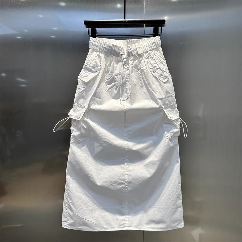 

Women Y2k Cargo Long Skirt High Waist Drawstring Maxi Skirt Ruched Vintage Split Elastic Waist Cargo Skirt with Pockets 4XL абрикосовий