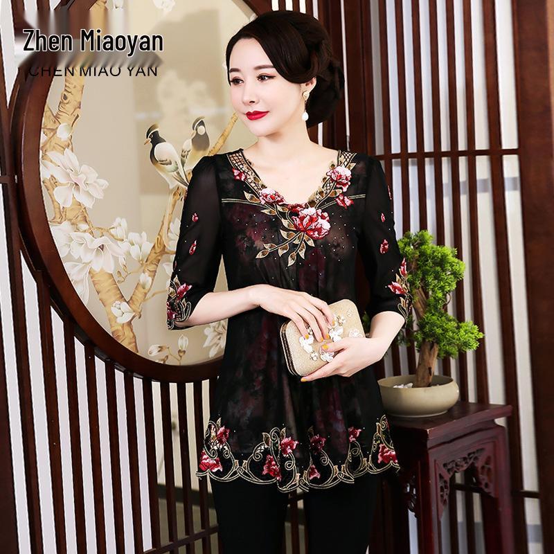 

Чэнь Мяоянь Летняя женская кружевная рубашка - Свободный топ в корейском стиле для женщин среднего и пожилого возраста, больших размеров, одежда для матери M