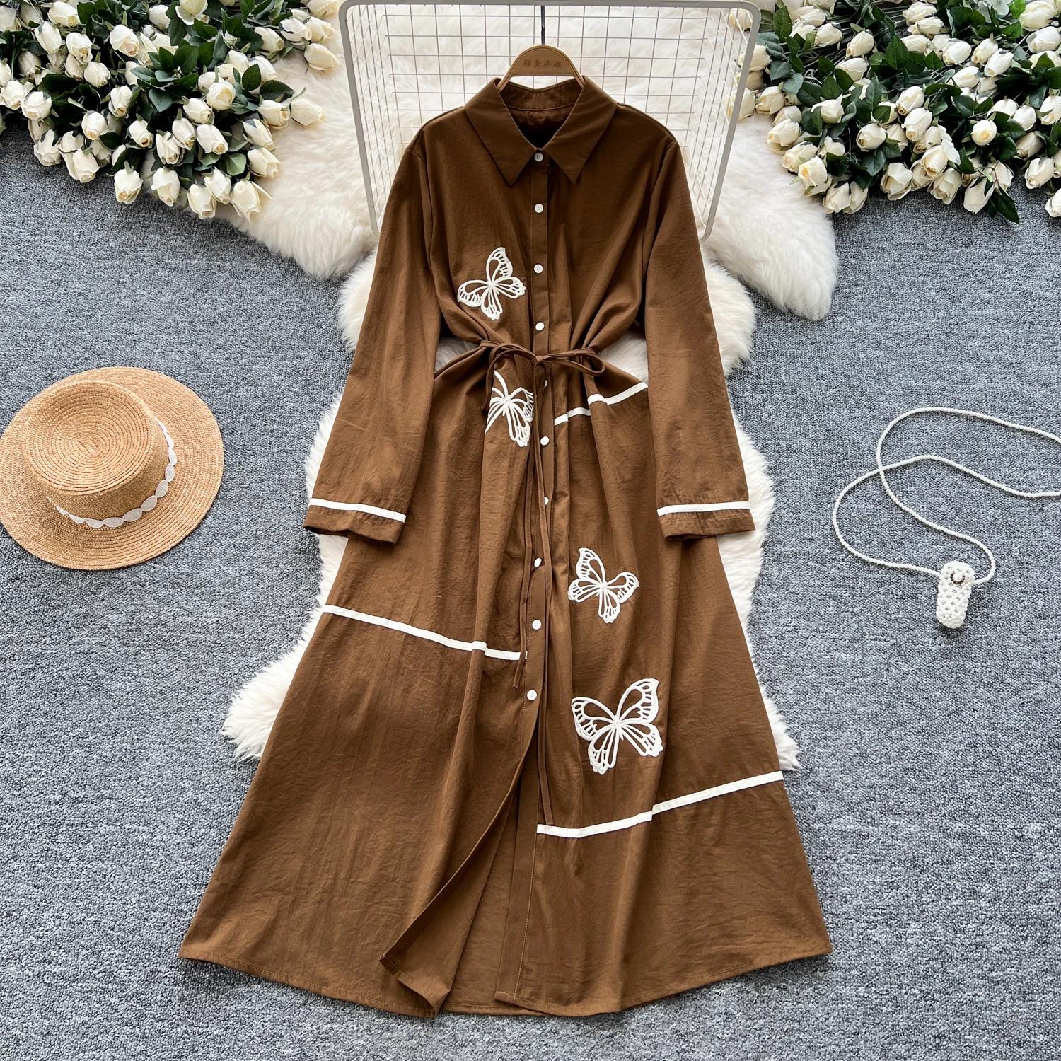 

Элегантный вышитый бабочкой воротник-поло винтажный длинный рукав однобортный тонкий А-силуэт длинное платье французская уличная одежда One Size кофейный