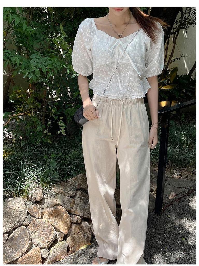 Women's High Waist Cotton Linen Drawstring Pants - Floor-Length, Breathable, Casual, Slimming Straight Leg Trousers for Summer.