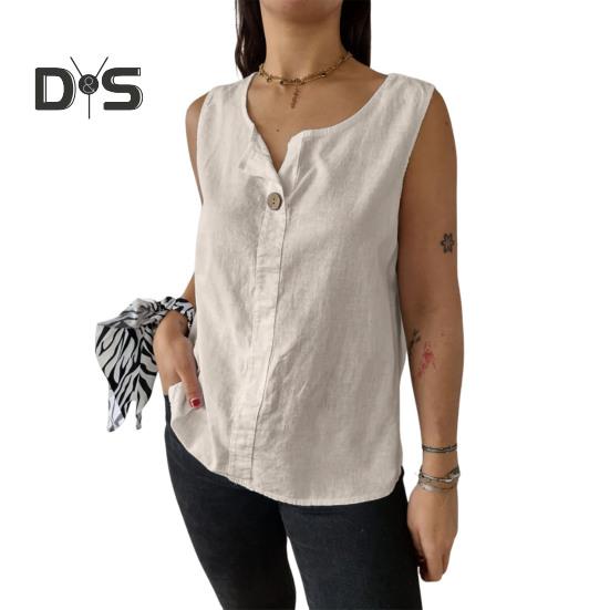 Women Vest Sleeveless Button Decoration Casual Tank Tops Solid Color Cotton Linen Lightweight Breathable Tops