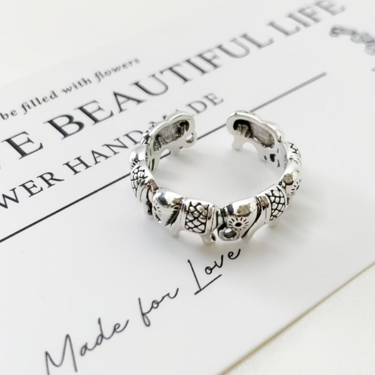 Korean Retro Distressed Elephant Herd Open Ring античный серебряного