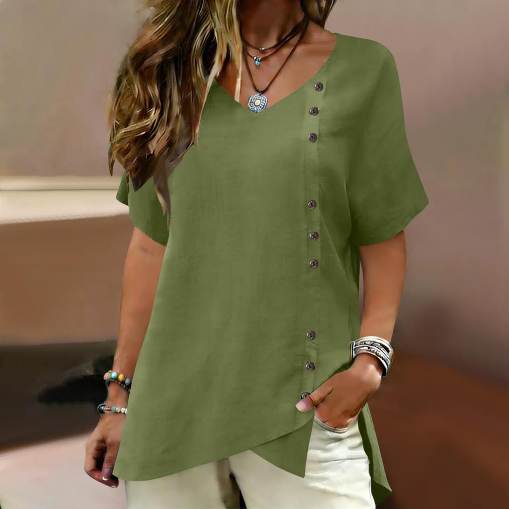 Womens Spring Tops V Neck Short Sleeve Button Design Summer Shirts for Women Casual Loose Fit Lightweight Blouse Dressy Tops for Women