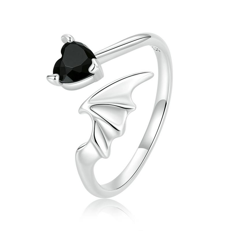 WOSTU 100% 925 Sterling Silver Retro Devil Wing Open Ring For Women Exquisite Black Heart Zircon Ring Fine Anniversary Jewelry