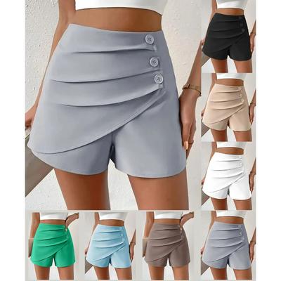 Women Summer Shorts High Waist Asymmetric Pleated Button Decor Solid Color Slim Fit Soft Tummy Control Above Knee Length Mini Shorts