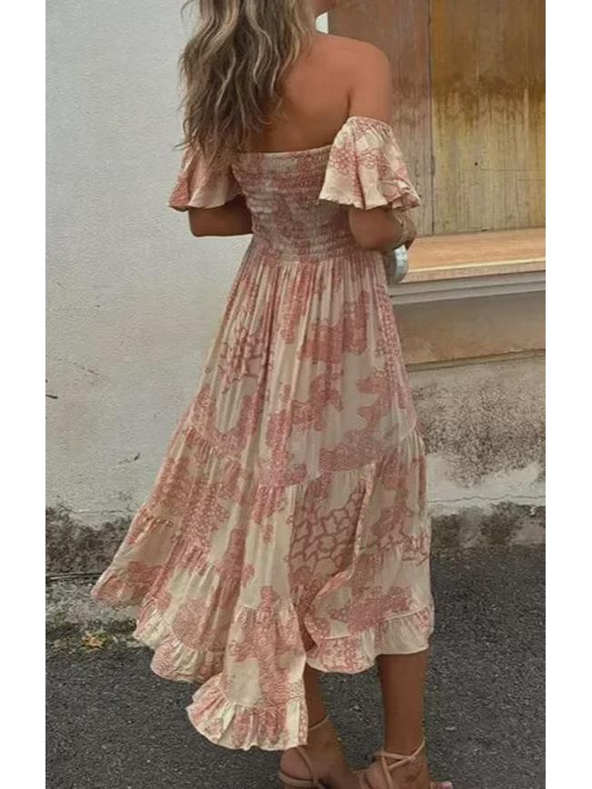 Printed Off-Shoulder Tube Top Dress with Lotus Leaf Sleeves