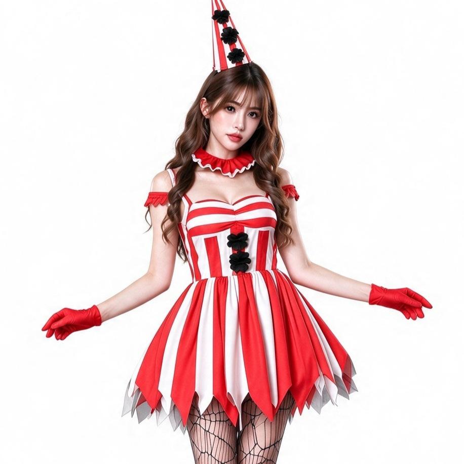 Halloween Costume: Circus Revenant Clown cos Costume Evil Clown Horror Doll Red Women's Performance Outfit
