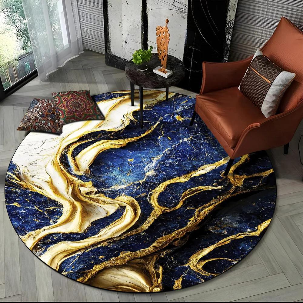 3D Luxurious Colour Marble Blue Green Gold Round Carpet Rug for Living Room Bedroom Child Chair Decor,Pet Area Rug Non-slip Mat