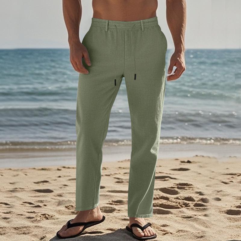 

New Drawstring Men s Minimalist Fashion Solid-Colour Casual Cotton-Linen Straight-Leg Trousers XXXL армія зелений колір