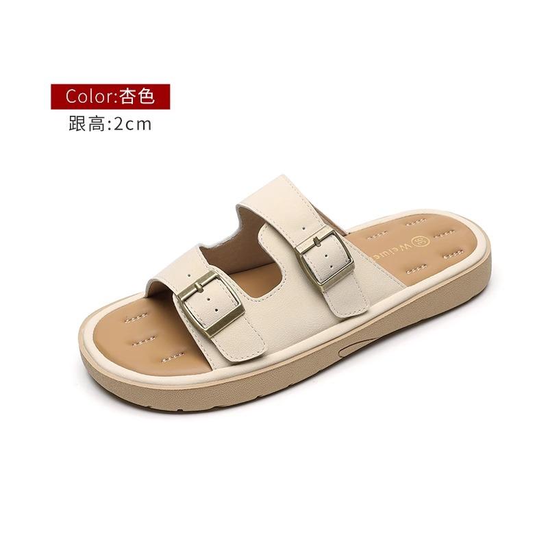 Leather version! Birkenstock slippers women s summer wear 2025 new flat-bottomed double-breasted Birkenstock sandals casual one-word drag 35