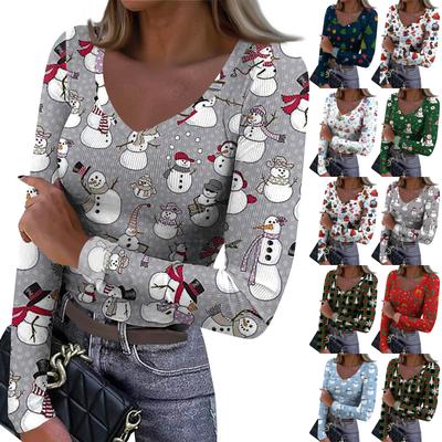Women's Winter Slim-Fit Base Layer T-Shirt Fashionable Christmas Print V-Neck Pullover Long-Sleeved Top