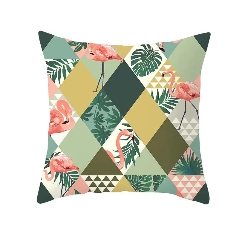 Housse de Coussin Décorative Flamant Rose Plantes Tropicales d'Été Feuilles Vertes Housse de Coussin à Jeter Housse de Coussin Flamant Rose