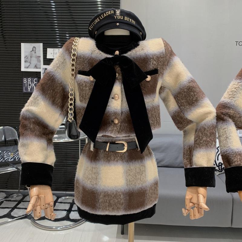 

Пальто с бантом, высокая поясная сумка, юбка, костюм из двух частей, элегантный женский костюм, костюм Deux Pieces XS