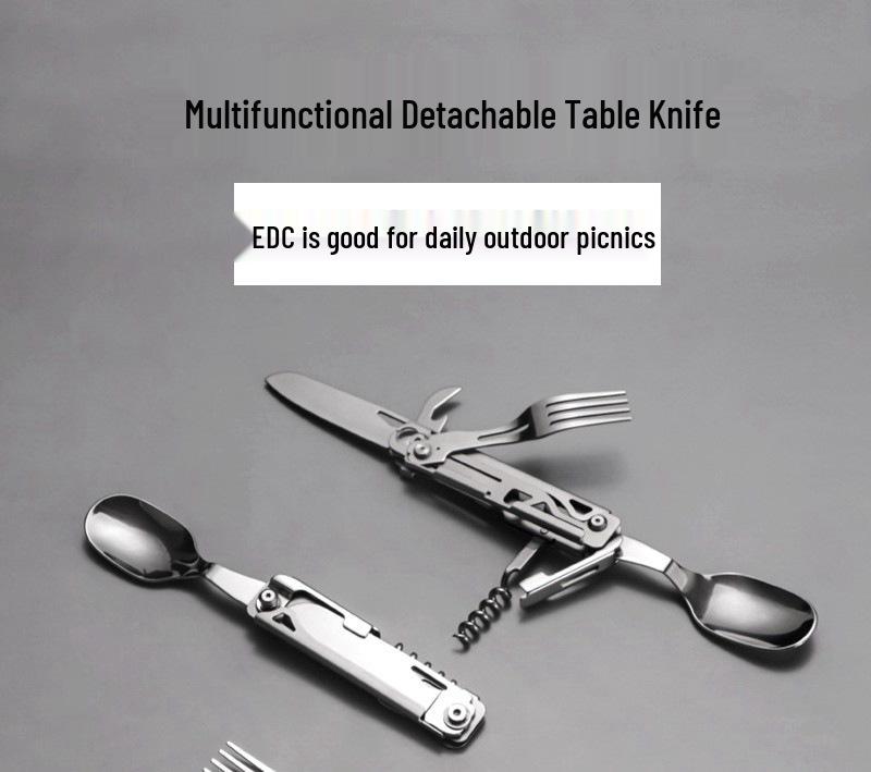 Portable Multifunctional Stainless Steel Folding Cutlery Set with Fork, Spoon, Knife, & Bottle Opener