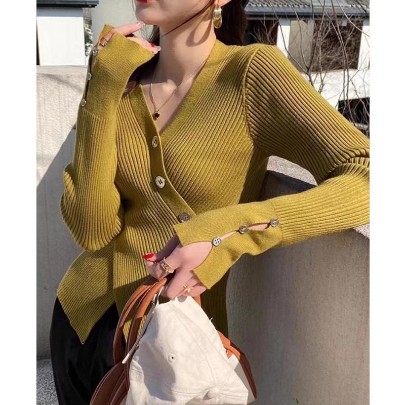 Fashion Cross V Neck Irregular Design Women Sweater Autumn and Winter Casual Bottom Shirt Inside Slim Fit Thin Simple Casual Office Clothing