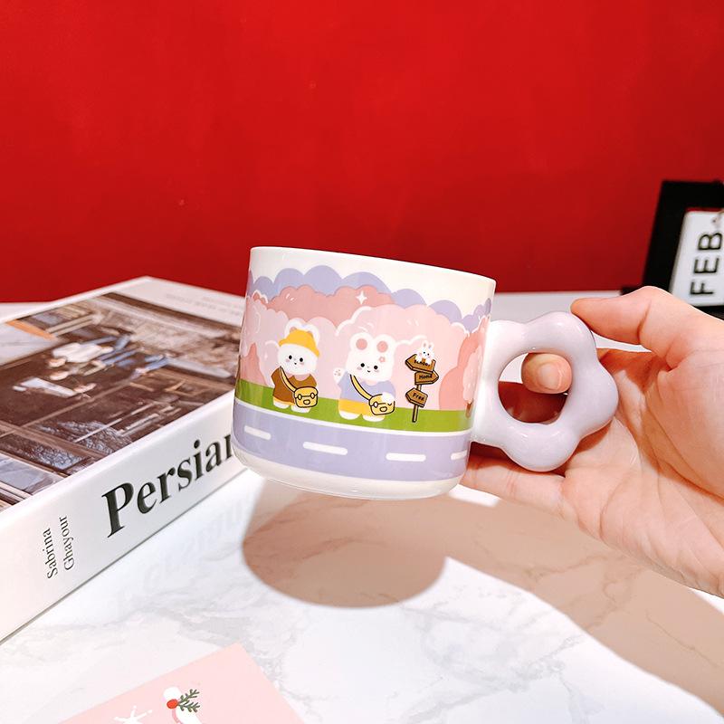 Cute Creative Rabbit Spring Outing Water Cup Drawing Handle Cartoon Ceramic Cup Mug