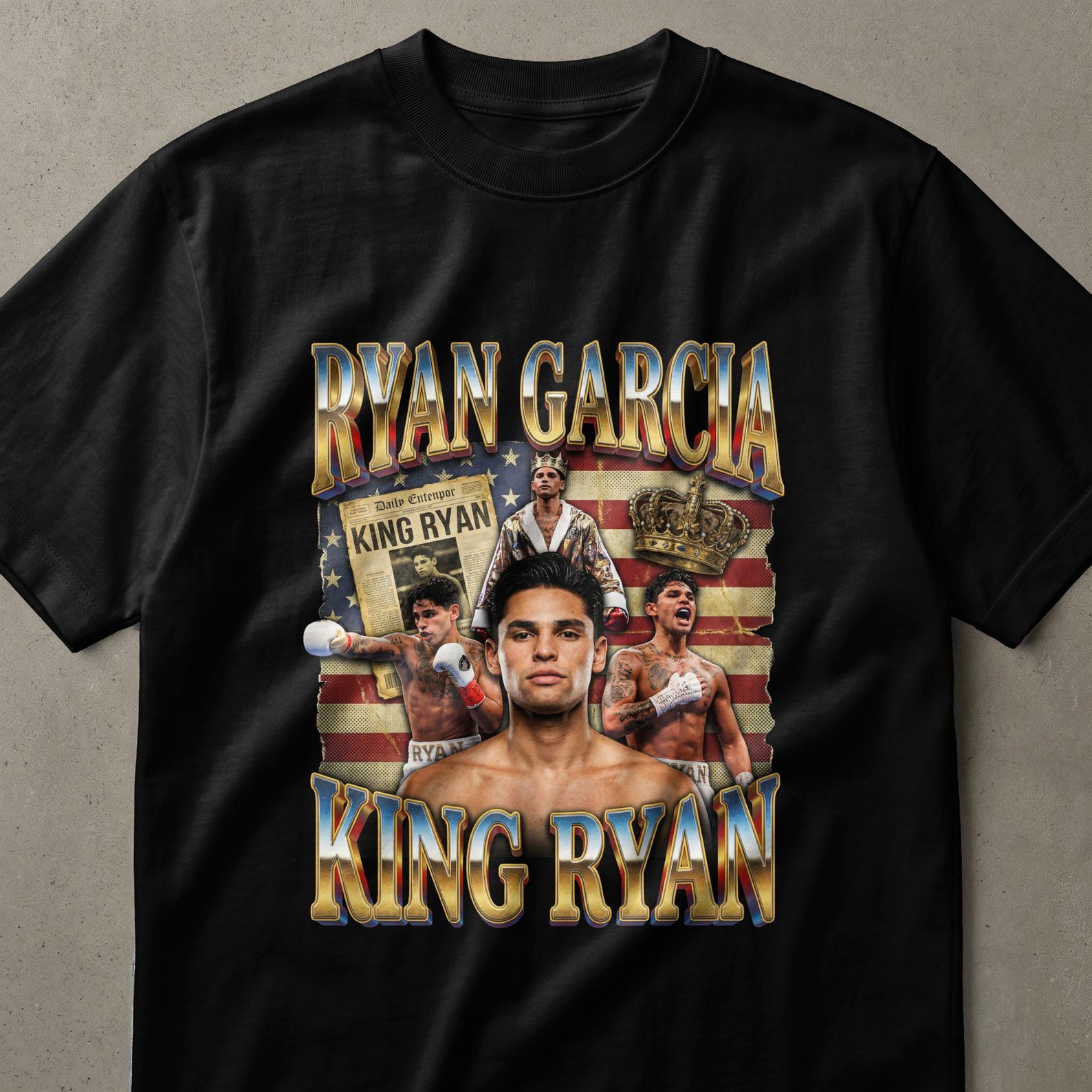 Ryan Garcia Boxing King Ryan Fan T-Shirt, Distressed American Flag Fighter Apparel, King Ryan Champion Boxing Tee Gift for Him M
